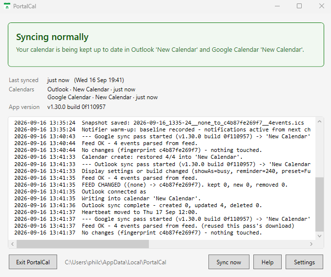 The PortalCal window, reading Syncing normally, with both calendars listed and the sync log below.